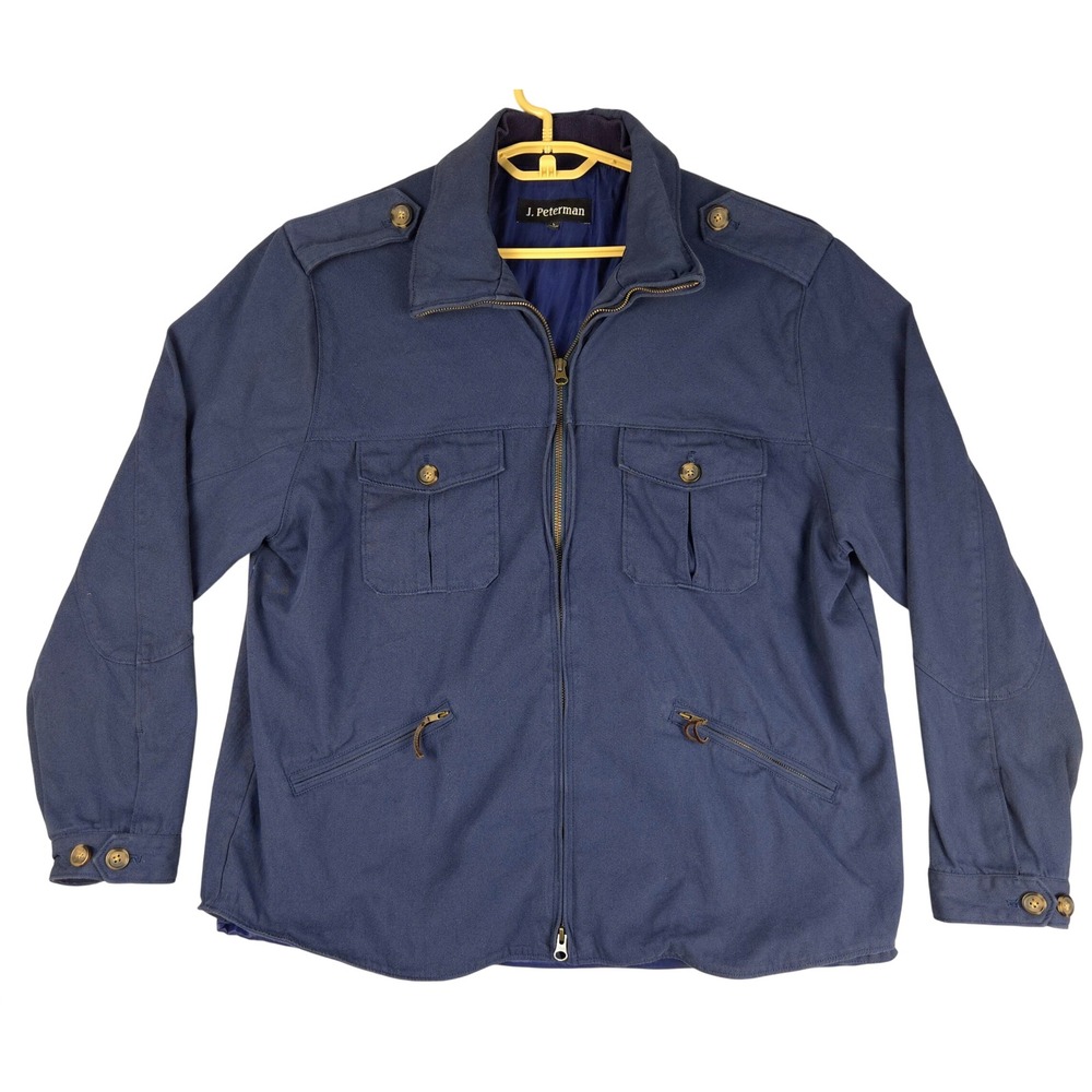 J. Peterman Mens Navy Blue Cotton Blend Field Jacket Military Style Size L